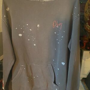 OBEY Distressed Grayish/Army Green “Off one shoulder” Sweatshirt w/LG pocket